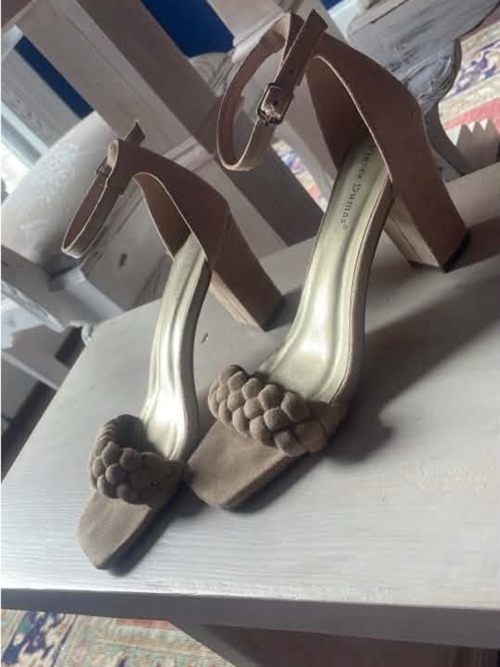Pierre Dumas Braided-Strap Block Heel Sandals in Taupe